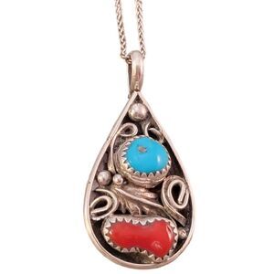 Sterling Navajo Jeff Largo Blue Turquoise Red Coral Tear Drop Pendant Necklace